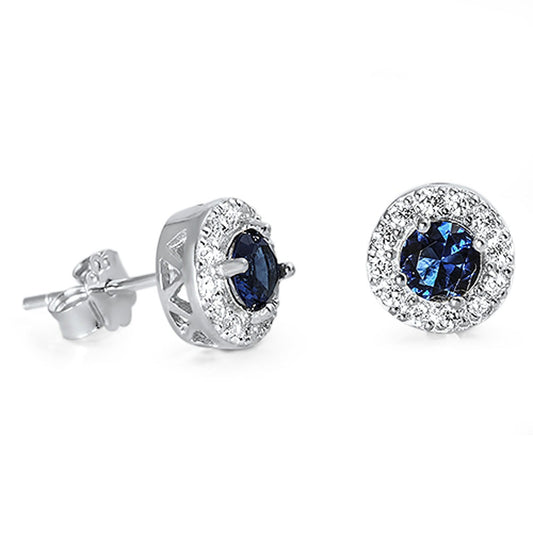 Halo Round Earrings Blue Simulated Sapphire Clear Simulated CZ .925 Sterling Silver