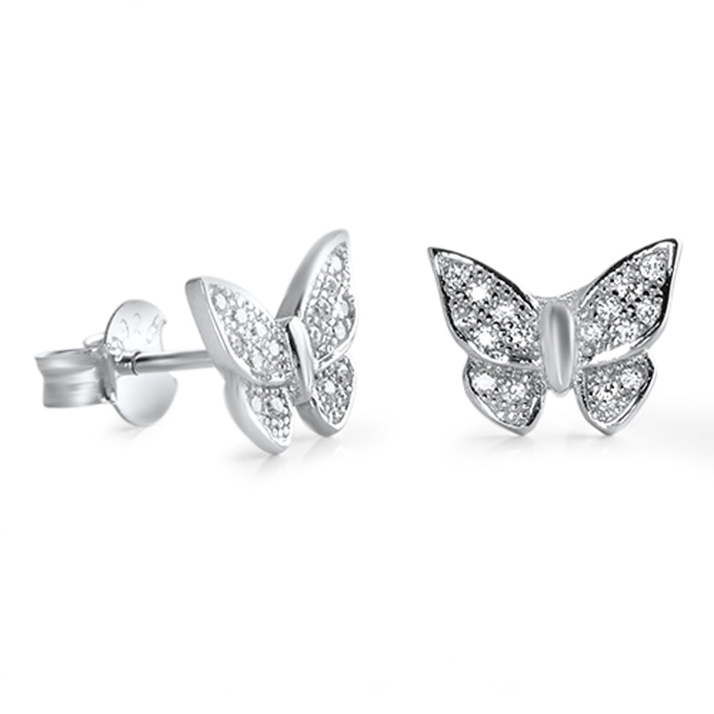 Sterling Silver Studded Butterfly Cute Animal Garden Wing Earrings Clear CZ 925