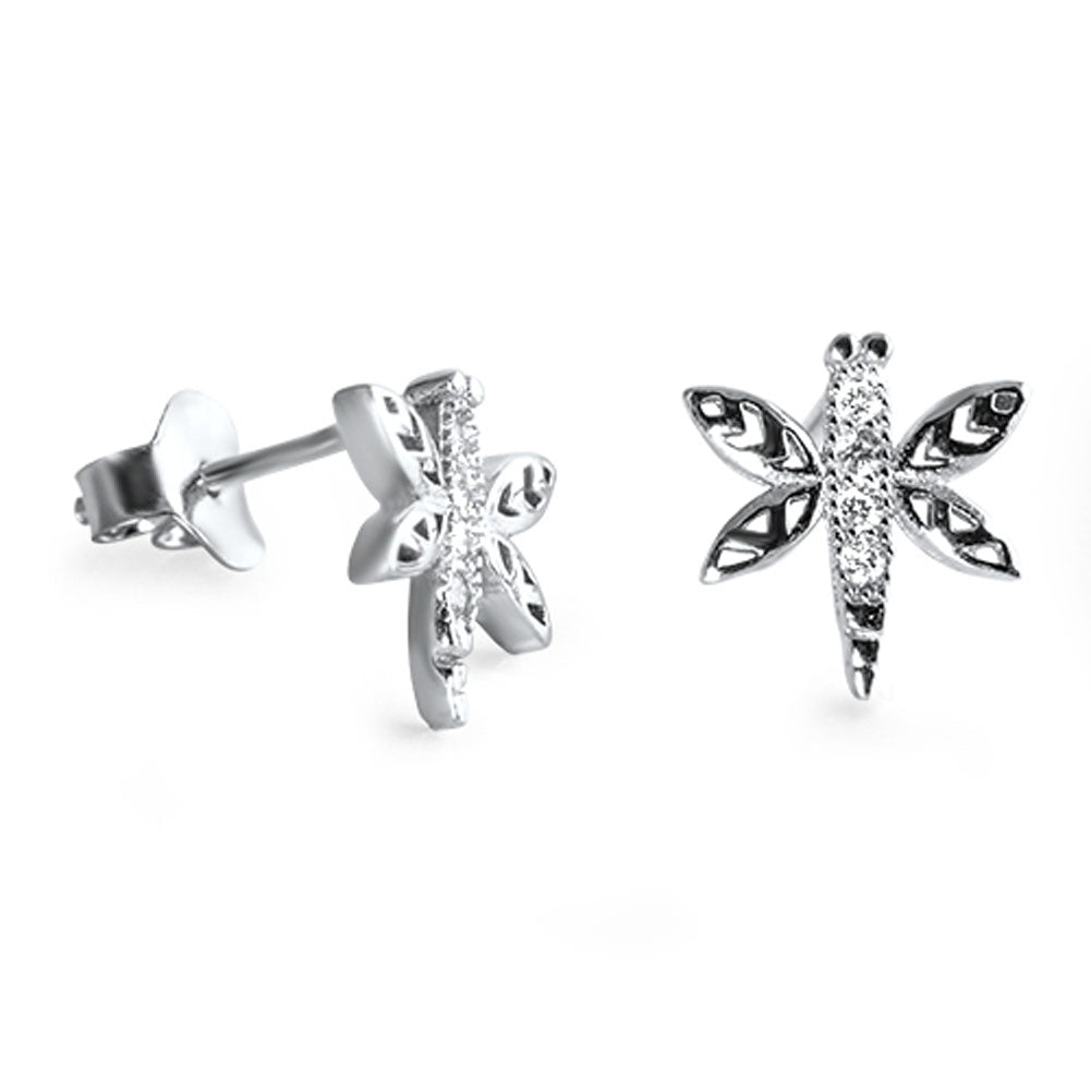 Dragonfly Filigree Earrings Clear Simulated CZ .925 Sterling Silver