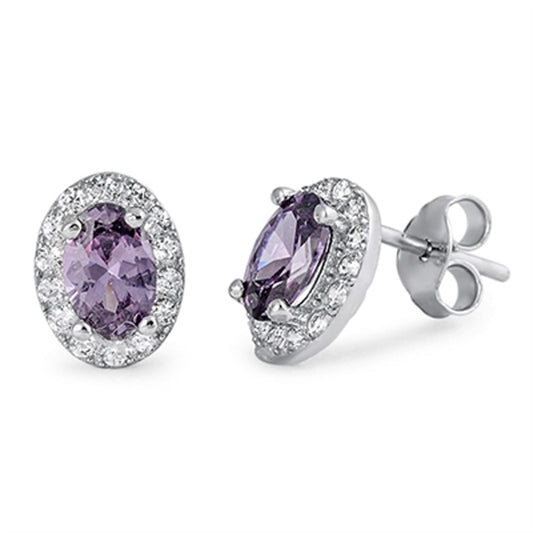 Eternity Vintage Studded Oval Forever Simulated Amethyst Clear Simulated CZ .925 Sterling Silver Earrings