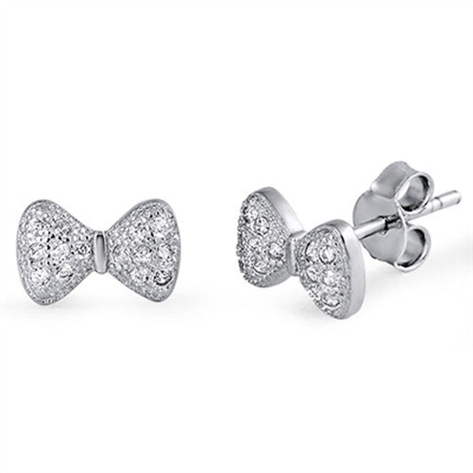 Bow Bowtie Earrings Clear Simulated CZ .925 Sterling Silver