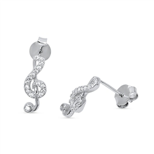 Music Note Treble Clef Earrings Clear Simulated CZ .925 Sterling Silver