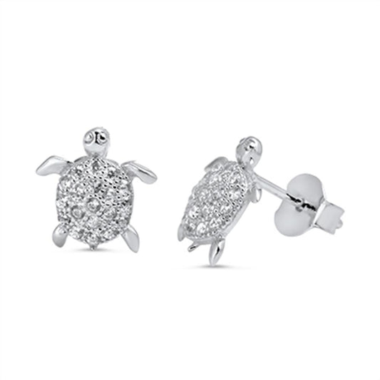 Animal Tiny Studded Turtle Cute Clear Simulated CZ .925 Sterling Silver Earrings
