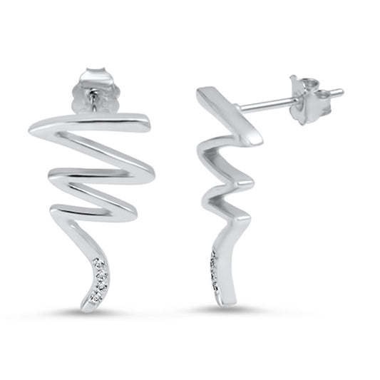 Lightning Bolt Funky Abstract Zig Zag Statement Clear Simulated CZ .925 Sterling Silver Earrings