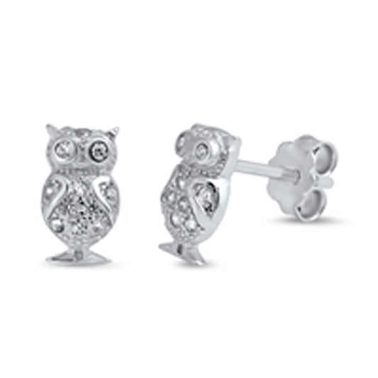 Animal Tiny Sparkly Owl Forest Clear Simulated CZ .925 Sterling Silver Earrings