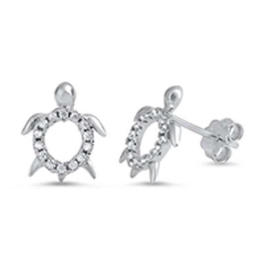 Animal Cute Open Shell Turtle Tropical Clear Simulated CZ .925 Sterling Silver Earrings