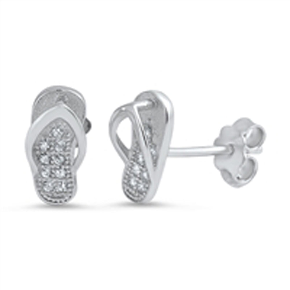 Thong Sandal Cute Studded Flip Flop Shoes Summer Vacation Clear Simulated CZ .925 Sterling Silver Earrings