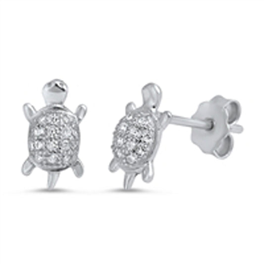 Animal Studded Turtle Shell Clear Simulated CZ .925 Sterling Silver Reptile Earrings