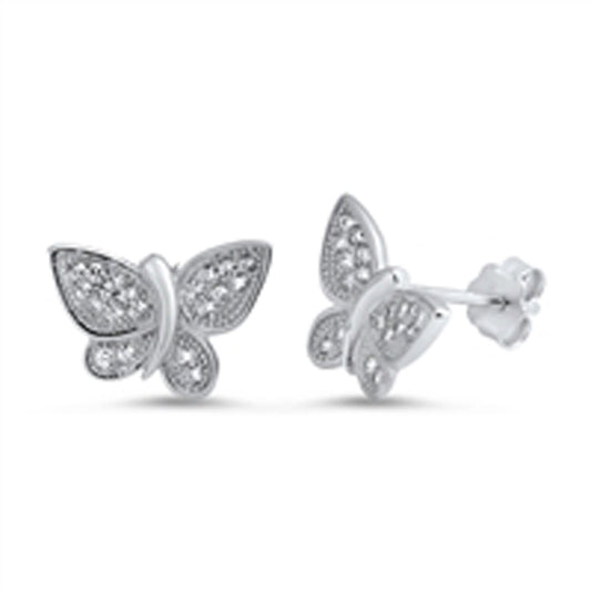 Studded Wing Tiny Butterfly Cute Clear Simulated CZ .925 Sterling Silver Earrings