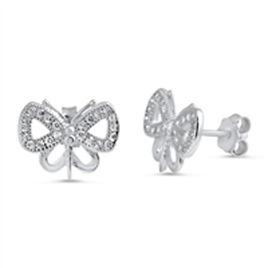 Studded Open Wing Butterfly Insect Clear Simulated CZ .925 Sterling Silver Earrings