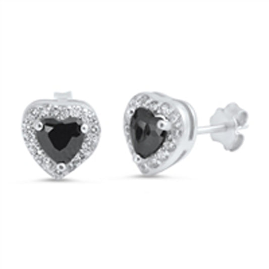 Studded Vintage Promise Heart Old Fashioned Black Simulated CZ Clear Simulated CZ .925 Sterling Silver Earrings