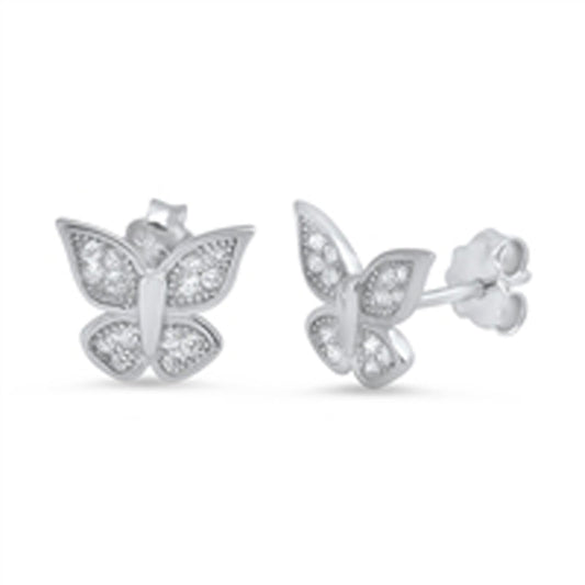 Studded Wing Cute Tiny Butterfly Bug Clear Simulated CZ .925 Sterling Silver Earrings
