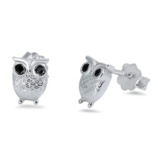 Bird Tiny High Polish Owl Nature Black Simulated CZ .925 Sterling Silver Earrings