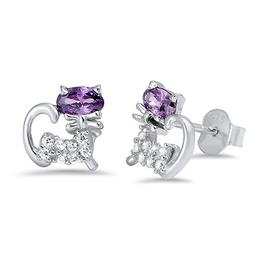 Animal Unique Studded Cat Kitty Simulated Amethyst Clear Simulated CZ .925 Sterling Silver Earrings