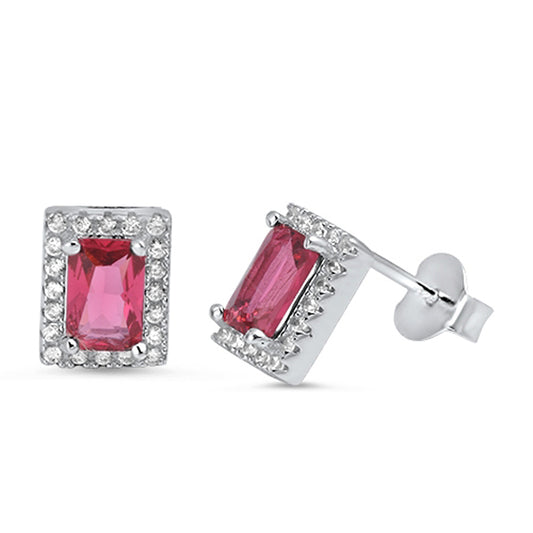 Vintage Tiny Studded Rectangle Fancy Simulated Ruby Clear Simulated CZ .925 Sterling Silver Earrings