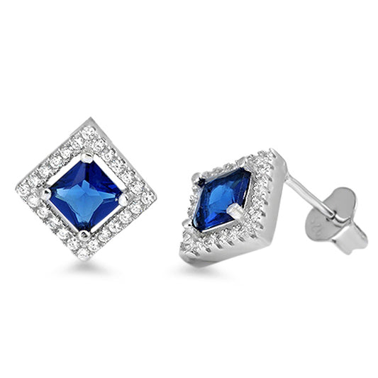 Eternity Vintage Style Studded Square Endless Blue Simulated Sapphire .925 Sterling Silver Earrings