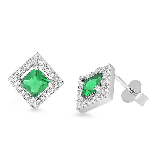 Endless Vintage Eternity Square Old Fashioned Simulated Emerald .925 Sterling Silver Earrings