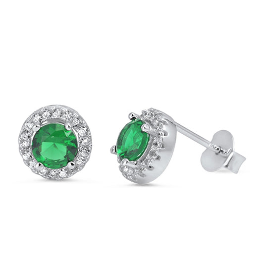 Framed Studded Eternity Circle Endless Simulated Emerald Clear Simulated CZ .925 Sterling Silver Earrings