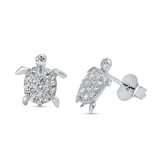 Animal Cute Studded Turtle Seashell Clear Simulated CZ .925 Sterling Silver Earrings
