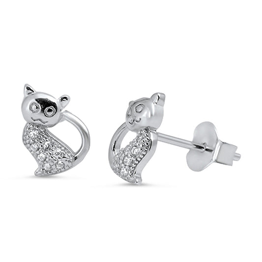 Animal Cute Tiny Studded Cat Classic Clear Simulated CZ .925 Sterling Silver Earrings