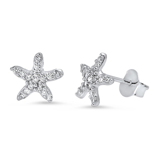 Sea Star Tiny Studded Starfish Beach Clear Simulated CZ .925 Sterling Silver Earrings