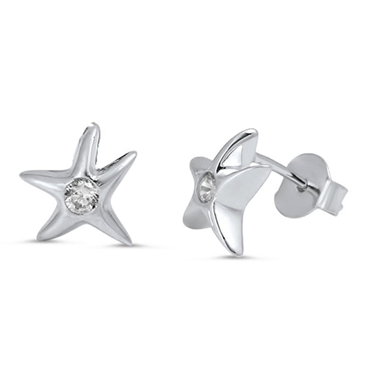 Animal Whimsical High Polish Starfish Beach Clear Simulated CZ .925 Sterling Silver Earrings