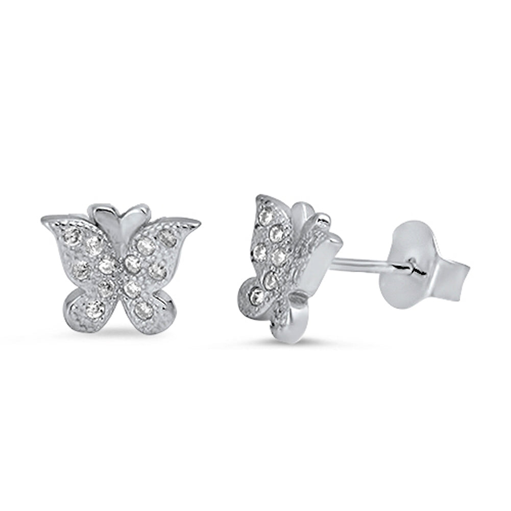 Animal Cute Tiny Studded Butterfly Garden Clear Simulated CZ .925 Sterling Silver Earrings