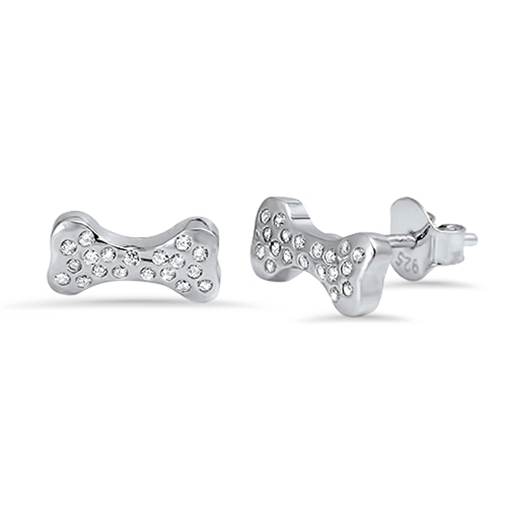 Animal Studded Tiny Dog Bone Pet Lover Clear Simulated CZ .925 Sterling Silver Earrings