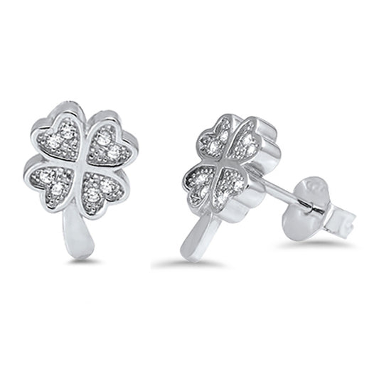 Four Leaf Clover Tiny Studded Shamrock Nature Clear Simulated CZ .925 Sterling Silver Earrings