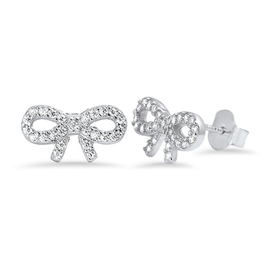 Bow Tiny Studded Ribbon Cute Clear Simulated CZ .925 Sterling Silver Feminine Earrings