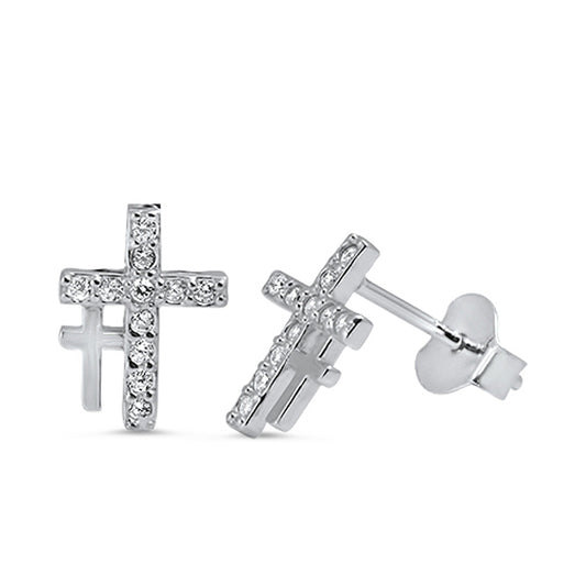 Sparkly Studded Cross Faith Clear Simulated CZ .925 Sterling Silver Religious Earrings