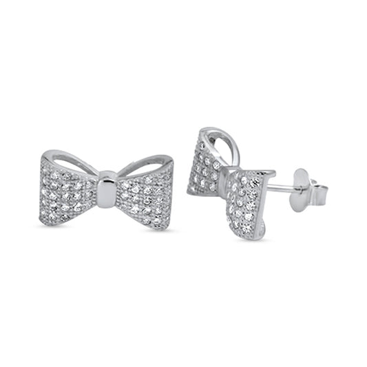 Knot Studded Bow Ribbon Clear Simulated CZ .925 Sterling Silver Girly Earrings