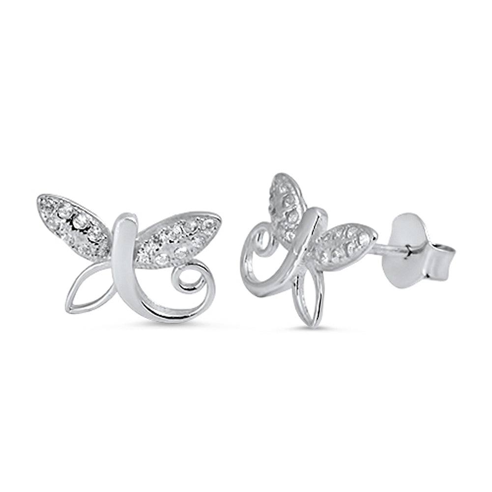 Studded Dragonfly Filigree Swirl Insect Clear Simulated CZ .925 Sterling Silver Earrings
