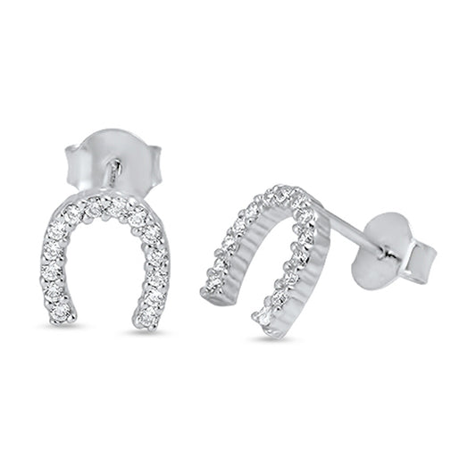 Animal Studded Sparkly Horseshoe Equestrian Clear Simulated CZ .925 Sterling Silver Earrings