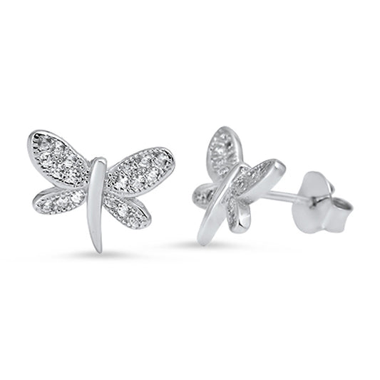 Bug Simple Studded Dragonfly Cute Clear Simulated CZ .925 Sterling Silver Earrings