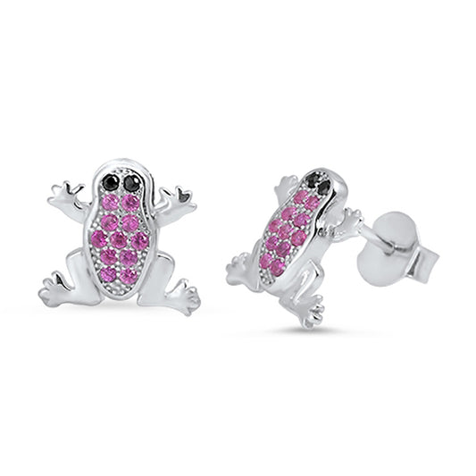 Tiny Animal Cute Studded Frog Nature Simulated Ruby Black Simulated CZ .925 Sterling Silver Earrings