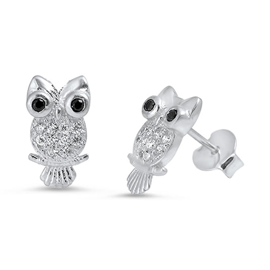 Animal Cute Studded Owl Forest Clear Simulated CZ Black Simulated CZ .925 Sterling Silver Earrings