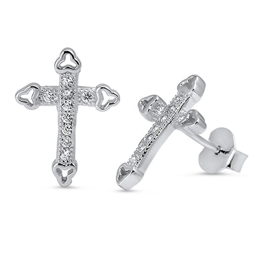 Simple Studded Cross Crucifix Clear Simulated CZ .925 Sterling Silver Earrings