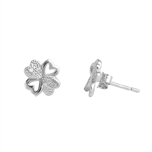 Repeating Heart Pattern Four Leaf Clover Cute Clear Simulated CZ .925 Sterling Silver Earrings