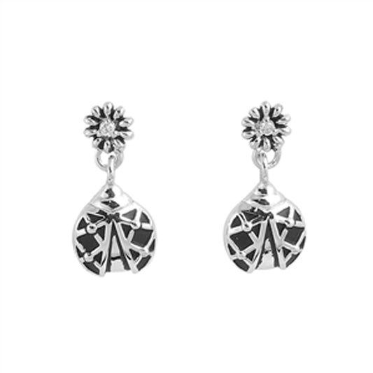 Flower Cross Hatch Ladybug Daisy Dangle Insect Clear Simulated CZ .925 Sterling Silver Earrings