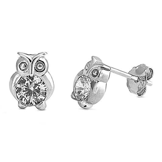 Bird Cute Tiny Studded Owl Forest Critter Clear Simulated CZ .925 Sterling Silver Earrings