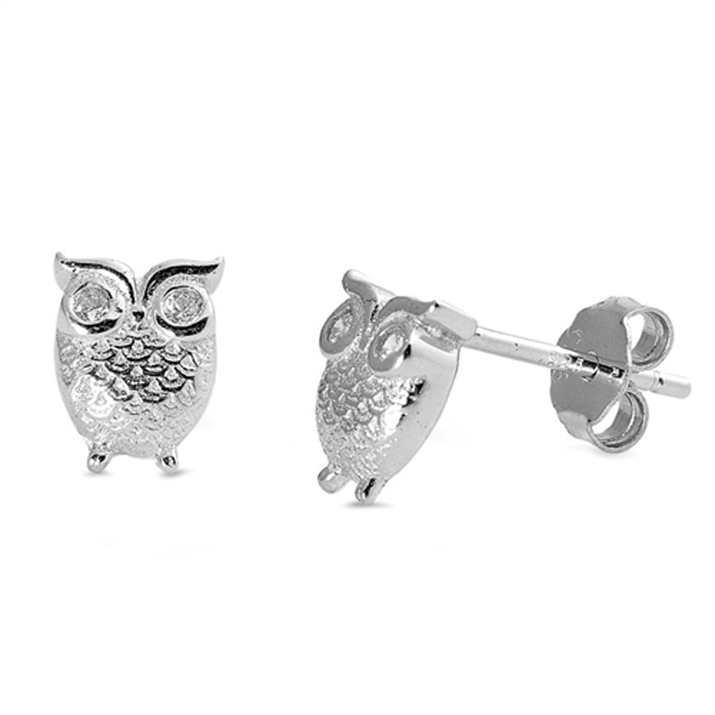 Bird Cute Tiny Owl Feather Clear Simulated CZ .925 Sterling Silver Wing Earrings