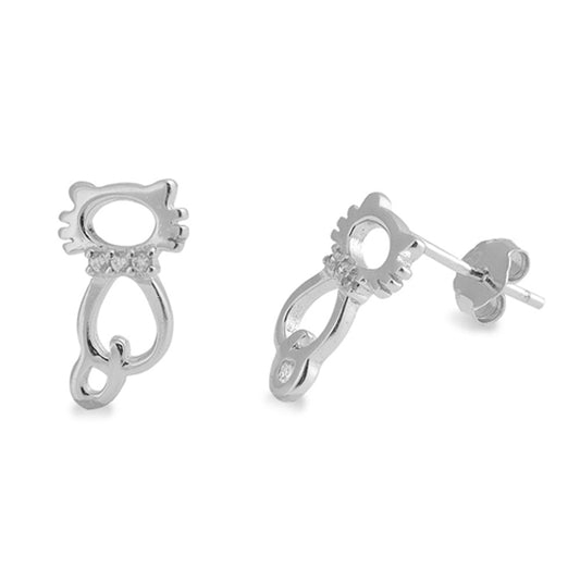 Animal Open Abstract Cat Post Kitten Clear Simulated CZ .925 Sterling Silver Earrings