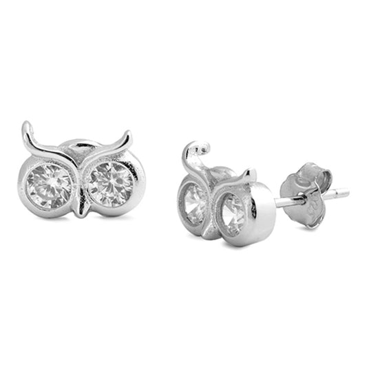 High Polish Sparkly Owl Face Bird Clear Simulated CZ .925 Sterling Silver Earrings