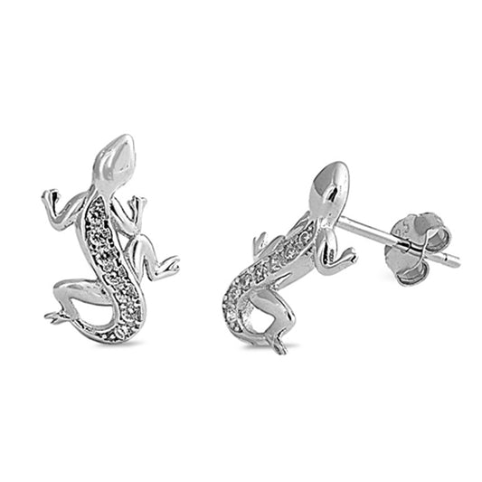 Animal Studded Climbing Lizard Gecko Clear Simulated CZ .925 Sterling Silver Earrings