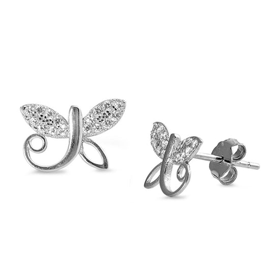 Studded Dragonfly Filigree Swirl Wing Clear Simulated CZ .925 Sterling Silver Earrings