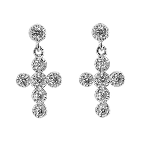 Dangle Classic Studded Cross Simple Clear Simulated CZ .925 Sterling Silver Earrings