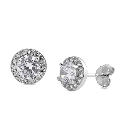 Sparkly Round Studded Post Circle Clear Simulated CZ .925 Sterling Silver Earrings
