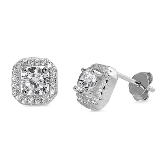 Sparkly Studded Square Classic Clear Simulated CZ .925 Sterling Silver Earrings