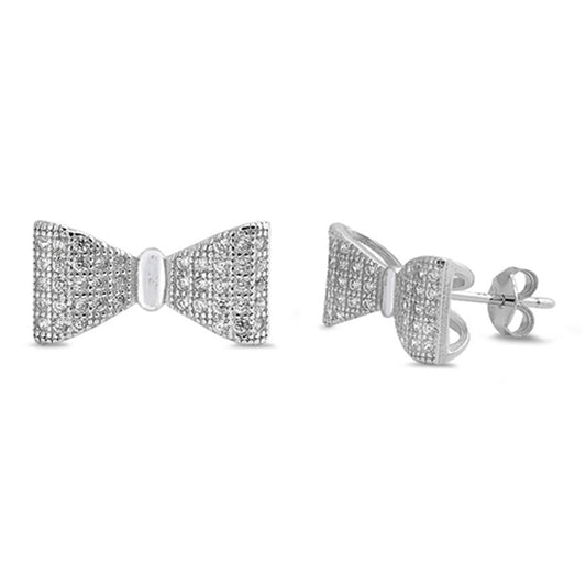 Tiny Cute Studded Bow Feminine Clear Simulated CZ .925 Sterling Silver Earrings
